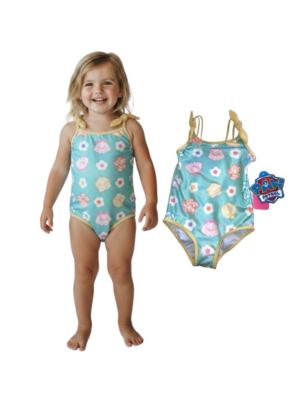Paw Patrol Teal Floral One-Piece Swimsuit with Yellow Trim Accents
